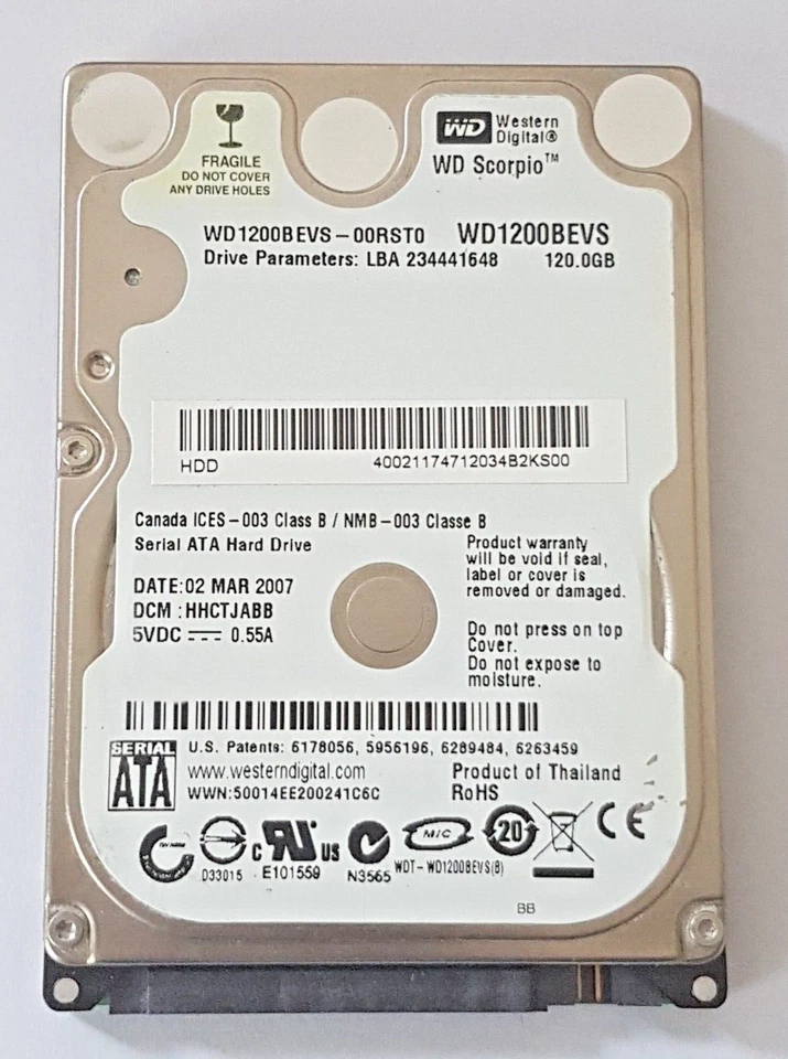 120 GB SATA II Western Digital WD1200BEVS-00RST0 5400RPM 8MB HDD 2.5" Hard Drive - Image 1 of 1