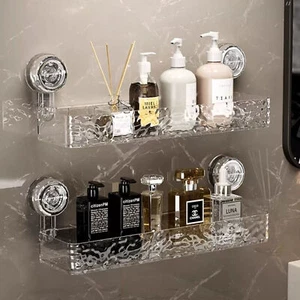 Wall-Mounted No Drill Suction Cup Storage Box Bathroom Organizer Shelf Holder } - Picture 1 of 14