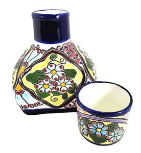 Decorative Hand Painted Pottery Water Jug Pitcher w/Cup Lid Mexico Vintage-READ - Picture 1 of 11