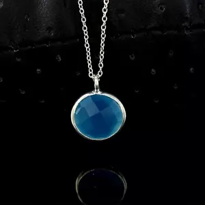 Handgefertigte natürliche Aqua Chalcedon 10 mm runder Anhänger 925 Silber Kabelkette - Bild 1 von 4