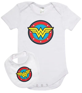 Baby romper suit one piece PLUS a baby bib superhero WONDERWOMAN new cotton - Picture 1 of 3