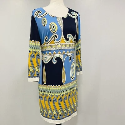 ALI RO 6 Anthropologie Shift Dress Blue Gold Mod 70s Dopamine Artsy Psychedelic  - Image 1 of 4
