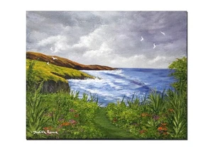 Pintura de playa original "Escena de acantilado" en tablero de lienzo de 10x8" de Judith Rowe - Imagen 1 de 3