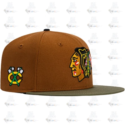 New Era Chicago Blackhawks Olive Brown Green 59Fifty 5950 Patch Fitted Cap Hat - Image 1 of 4