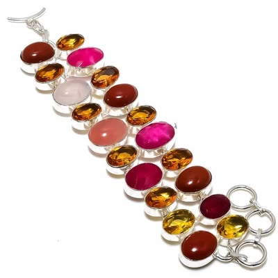 Natural Kashmir Red Ruby, Citrine Gemstone 925 Sterling Silver Bracelet 7-8" r78 - Image 1 of 4