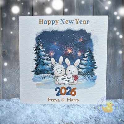 DIZZY DUCKS CARDS Personalised Happy New Year 2026 Card Names Surnames Rabbit Couple Fireworks