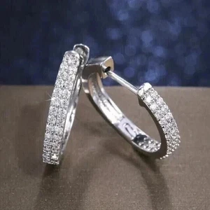 1.20Ct Round Cut Lab-Created Diamond Huggie Hoop Earrings 14K White Gold Plated - Picture 1 of 10