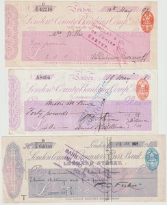 1868/1923 5 USED CHEQUES LONDON & COUNTY - WESTMINSTER - L C W & PARR's ALL DIFF - Picture 1 of 4