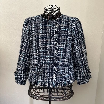 Ann Taylor Houndstooth Fringe Tweed Denim Jacket Size 6 Blue - Image 1 of 4