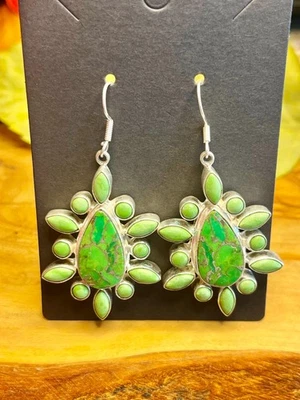 Beautiful Light and Dark Green Copper Turquoise Dangle Earrings - Image 1 of 3