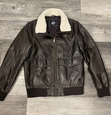 DOCKERS - Brown Leather Bomber Jacket w/ Faux Sherpa Collar, Mens S - Image 1 of 3