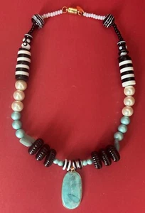 necklace artisan jewelry ooak stones glass lampwork new black white blk wht tur - Picture 1 of 3