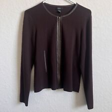 ALFANI Women Petite Medium Sweater Top Brown Knit Full Zipper Leather Accents