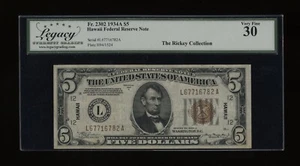 DBR 1934-A $5 FRN Hawaii Fr. 2302 Legacy 30 Serial L67716782A - Picture 1 of 2