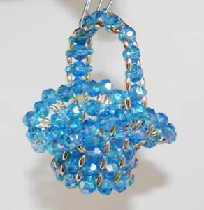 Vintage 60er/70er Handarbeit blau/silber Perlen & Draht Ornament Korb Stil 3" B56 - Bild 1 von 2