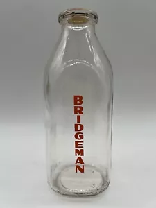 Vintage Glass Milk Bottle Bridgeman One Quart Milk Bottle with Orange Lettering - Picture 1 of 14