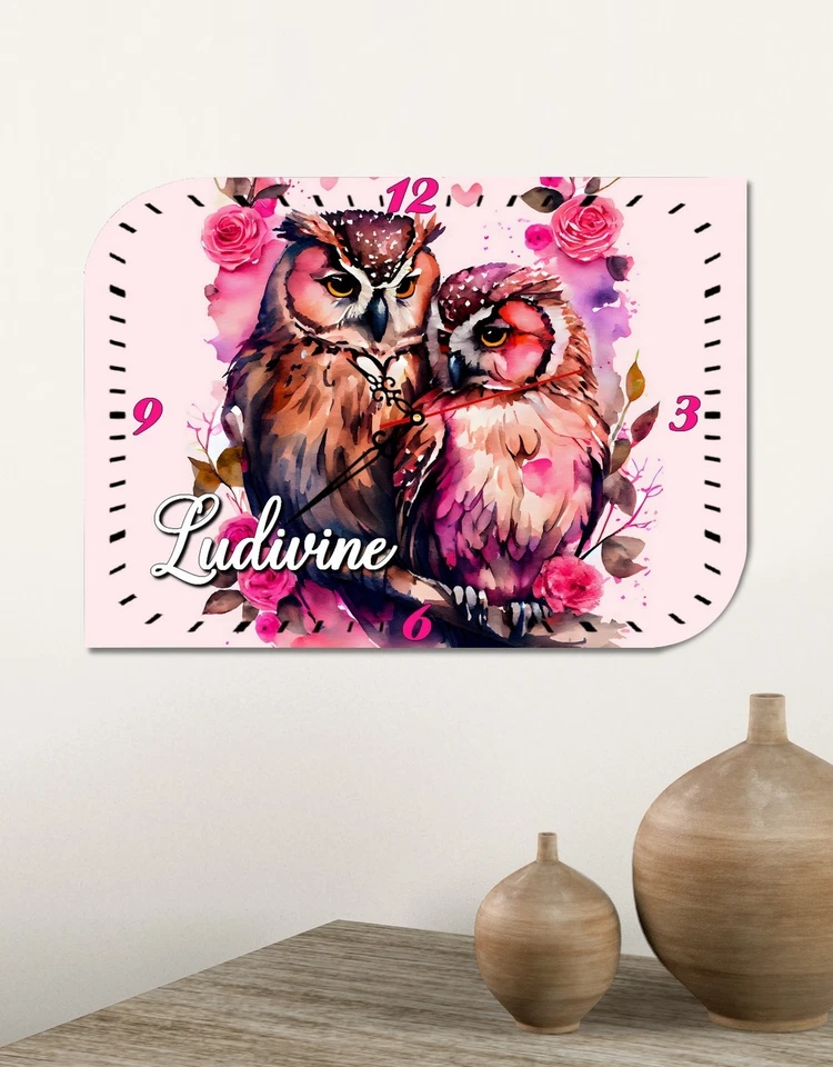 Horloge murale personnalisée avec prénom – Thème chouette – Bois MDF - Photo 1/1