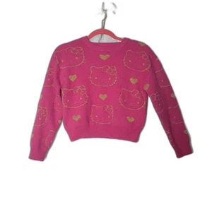 Hello Kitty Pullover Jugend Große 10/12 Rosa Gold Metallic Sanrio Herzen Allover - Bild 1 von 5