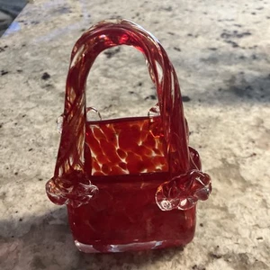 Murano Style Hand Blown Art Glass Square Red/Clear Purse Hand Bag Vase Cadmium - Picture 1 of 7