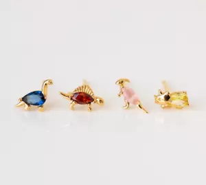 Dinosaur Design In 10K Yellow Gold & Lab-Created Gemstones Stud Earring Set - Picture 1 of 4