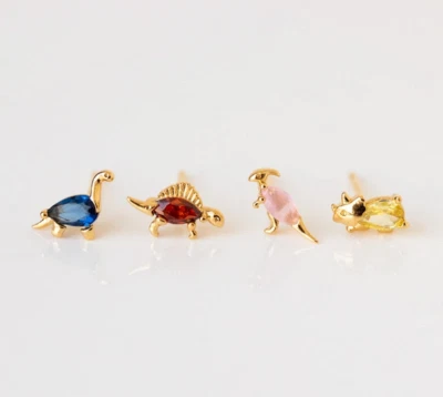 Simulated Colorful Gemstone Dinosaur Design Stud Earring Set In 10K Yellow Gold - Image 1 of 4