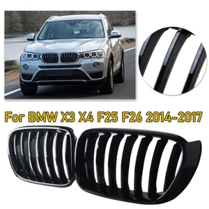 Pair For 2014-2017 BMW F25 F26 X3 X4 Gloss Black Front Kidney Grilles Grill - Picture 1 of 8
