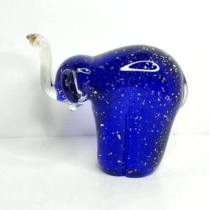 Art Glass Elephant Blue with Gold Flecks Trunk Up Figurine Paperweight - Picture 1 of 7