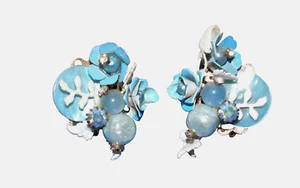 50S CLIP OHRRINGE GROSS 1,75 ZOLL BLAU METALL & PERLE VINTAGE MODE COCKTAIL SCHMUCK - Bild 1 von 9