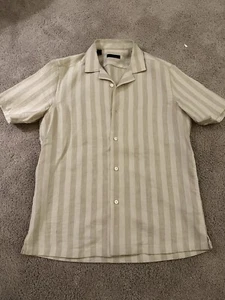Saks Fifth Avenue Men’s Shirt Size Small Stripes Khaki And Cream Short Sleeve - Picture 1 of 4