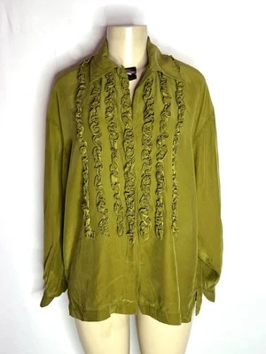 VINTAGE KIKIT MAURICE SASSON GREEN RUFFLE FRONT 100% SILK BLOUSE SZ M - Image 1 of 4