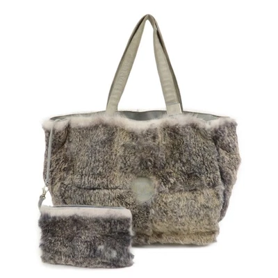 CHANEL COCO Mark Logo Fur Suede Hand Bag Grey Authentic Used F/S - Image 1 of 4