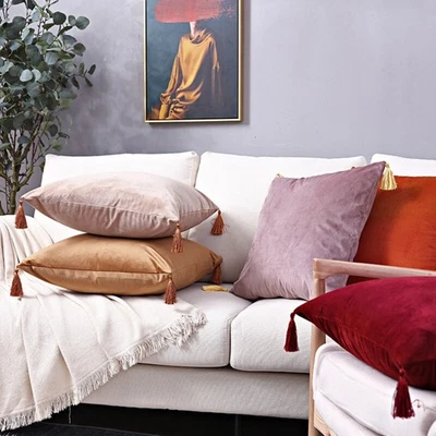 Luxury Velvet With Tassels Cushion Covers Pillow Cases Soft Plain Sofa 18" Decor - Image 1 of 4