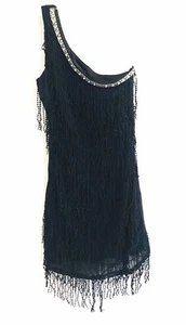 ArkCo Anthropologie One Shoulder Dress Womens Size L Black Fringe Gatsby Mini - Picture 1 of 11