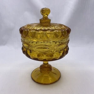 Vintage LG Wright Mosser Amber Eyewinker Pedestal Compote Candy Dish & Lid - Picture 1 of 6