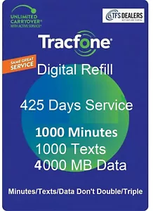 TracFone Service Extension 1 Year/425 Days+1000 Mins/1000Texts/4000MB,All Phones - Picture 1 of 1