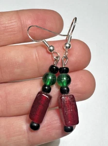 Rosso Verde Nero Arte Modellato Vetro Perlina Pendente Argento Gancio con Foro - Foto 1 di 4