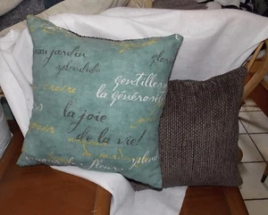 Pair of Turquoise Brown Beige French Writing Print Throw Pillows  18 x 18 - Picture 1 of 3