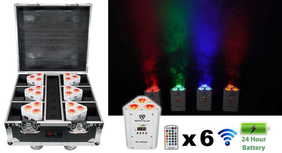 Rockville RF WEDGE PACK WHITE (6) Battery Wireless DJ Wash Lights+RF Remote+Case - Image 1 of 4