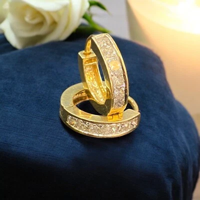 0.96 TCW Princess Shape Diamonds Channel Setting Hoop Earrings 14K Yellow Gold - Image 1 of 4