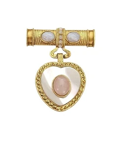 1928 Brand Gold Tone Blue Lace Agate Rose Quartz Brooch Heart Shell Inlay Dangle - Picture 1 of 8