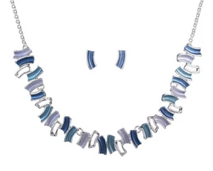 SCHMUCKSET DAMEN SILBER HALSKETTE COLLIER OHRRINGE VERSILBERT BLAU TÜRKIS PETROL - Picture 1 of 4