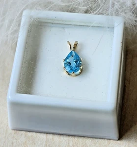 💎 14k massiver Gelbgold Schweizer Blautopas Träne Anhänger - Bild 1 von 13