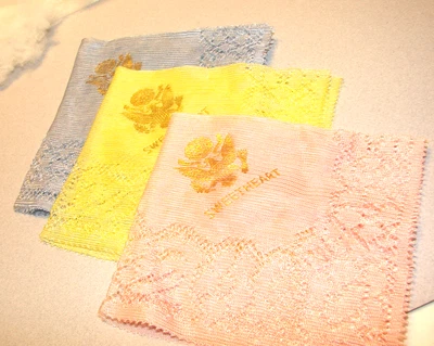 VINTAGE WW2 ERA US NAVY SWEETHEART HANKERCHIEF HANKY SET OF 3 PINK YELLOW BLUE - Image 1 of 4