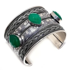 Esmeralda (simulada) piedras preciosas 925 pulsera de brazalete ajustable - Imagen 1 de 1