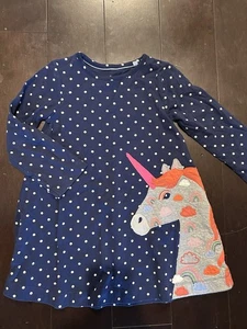 NWOT Mini Boden Long Sleeves Dress Unicorn Appliqué Navy Polka Dots 3-4Y - Picture 1 of 3