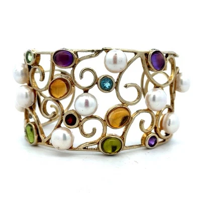 925 Sterling Silver Gold Vermeil Pearl Multi Gemstone Scroll Cuff Bracelet - Image 1 of 4