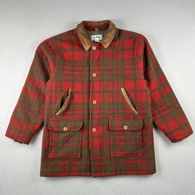 Vintage 80s LL Bean Barn Coat Men XL Tall Red Green Plaid Wool Insulated Jacket - Image 1 of 4
