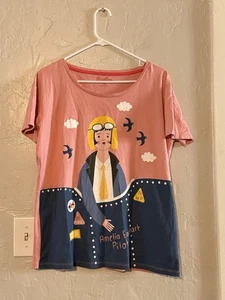 PICCOLINA ~ PINK "AMELIA EARHART PILOT" COLORFUL GRAPHIC 100% COTTON TOP  ~ XL - Picture 1 of 4