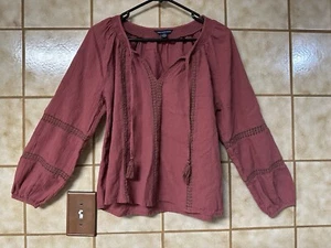 American Eagle Dusty Rose Pink Lace Crochet Boho Bell Sleeve Blouse Sz Sm - Picture 1 of 10