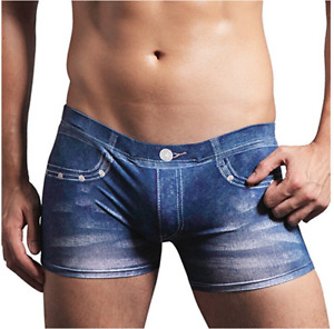 Sexy Men's Smooth Spandex Shorts Fake Denim Jean Printed Boxer Briefs Underwear